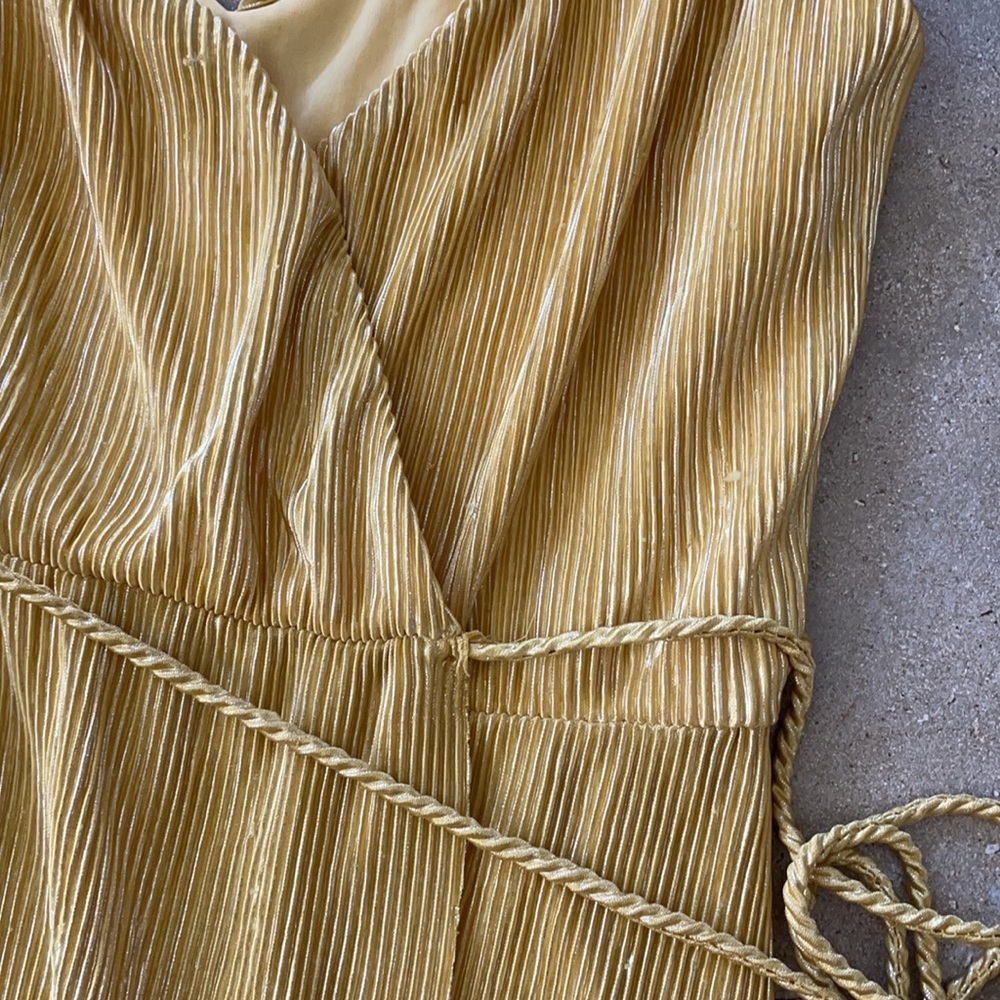 Yellow Pleated Metallic Maxi Wrap Split Dress - image 3